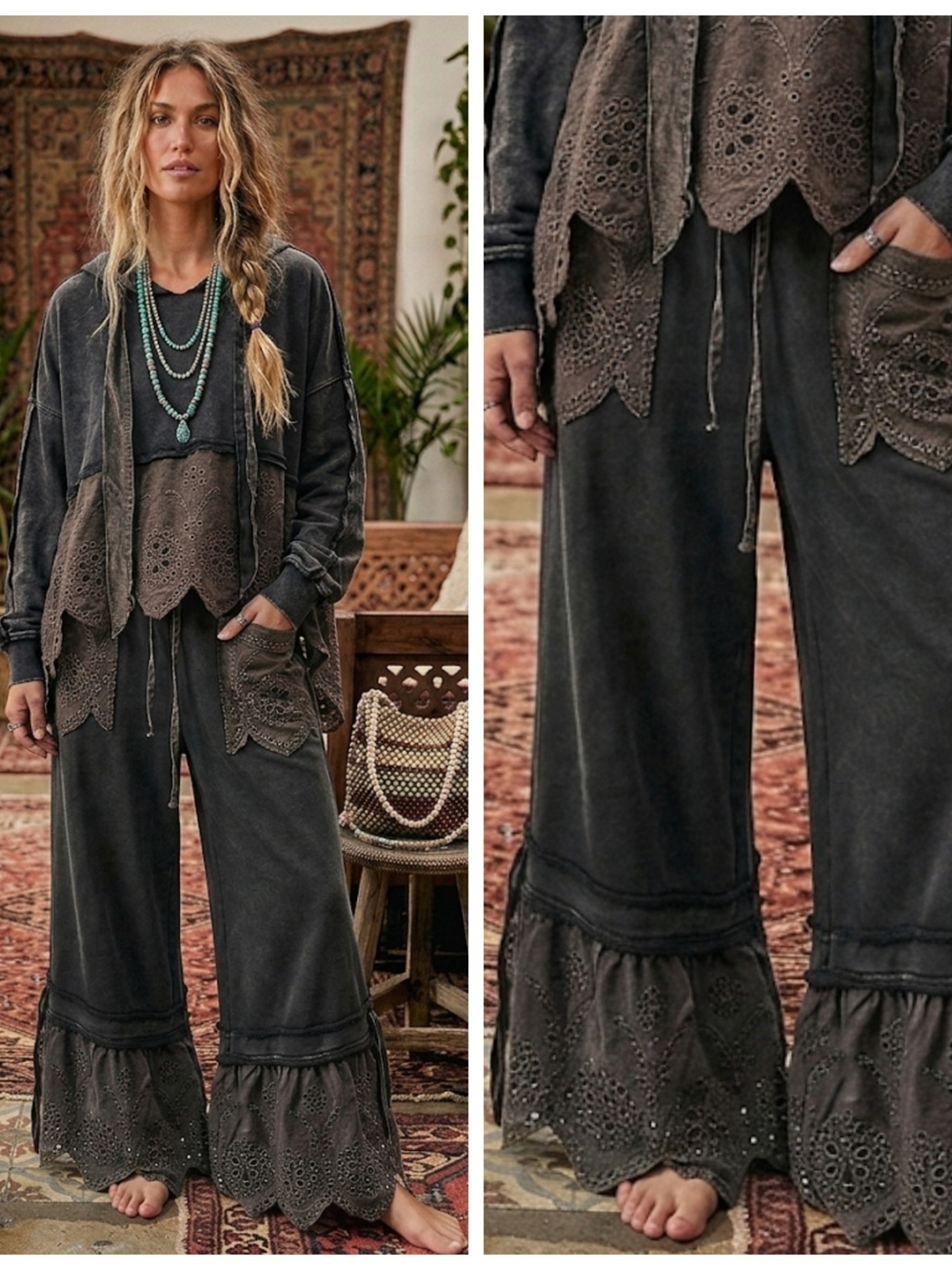 Oli & Hali Charcoal Eyelet Wide-Leg Pants